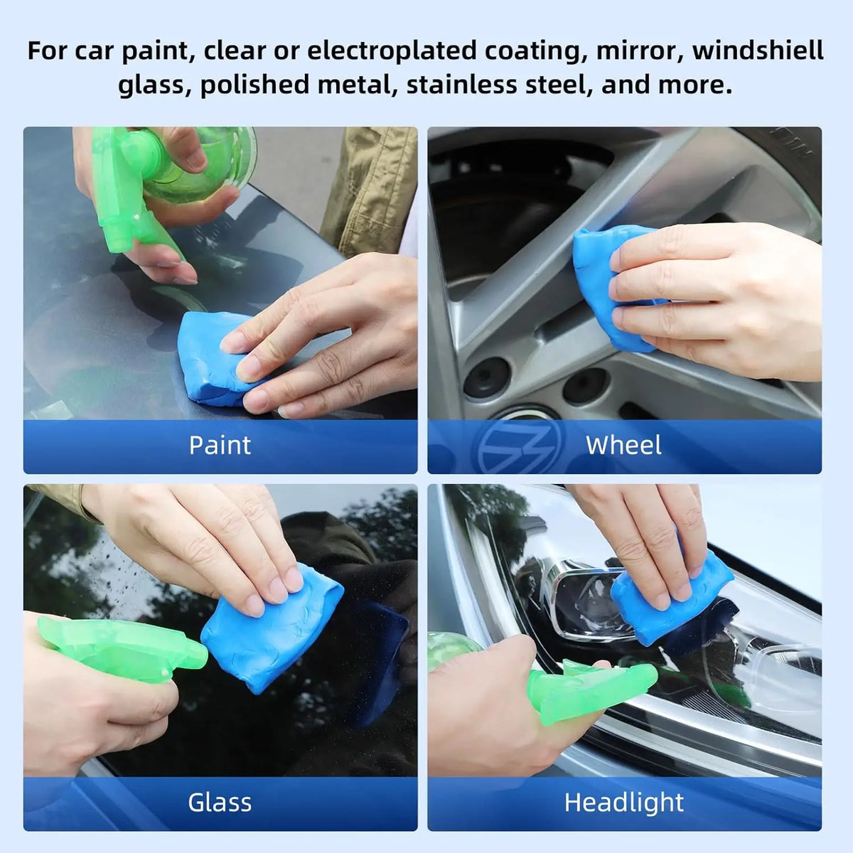 Hands applying a blue clay bar to various car surfaces including paint, wheel, glass, and headlight.