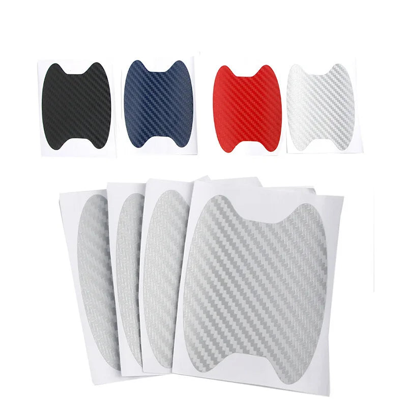 A set of car door handle protection films in various colors including black, blue, red, and white.