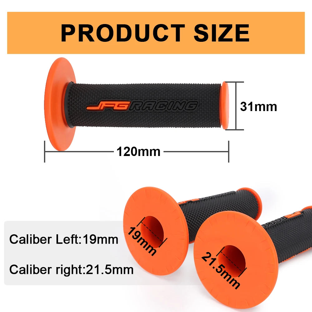 Orange and black motorcycle handlebar grips showing product size and caliber measurements