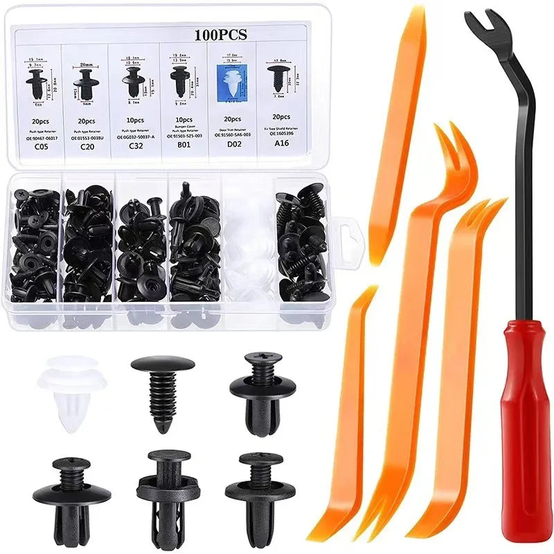 A set of universal automotive fastener clips and trim fasteners in various sizes and colors.