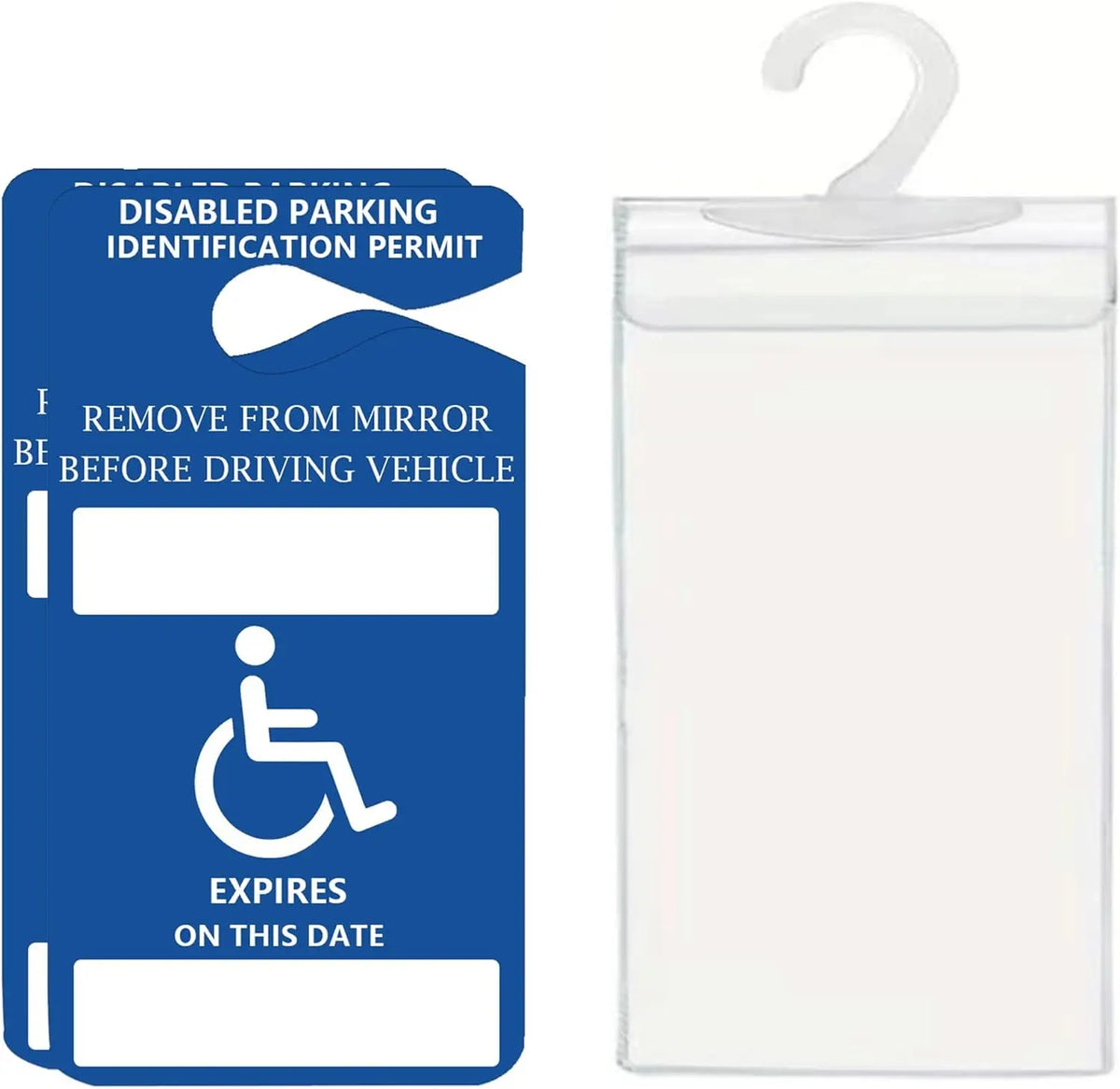 A blue disabled parking identification permit card with instructions and an expiration date, next to a clear plastic sleeve.
