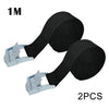 Two black heavy-duty cam buckle tie-down straps with silver alloy buckles.