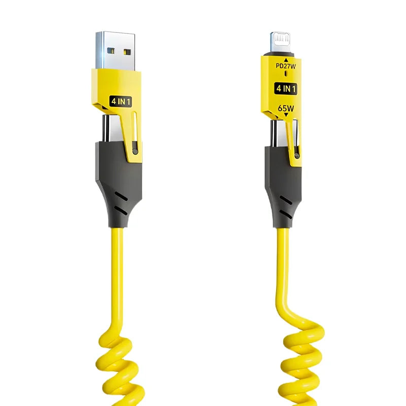 A yellow spring telescopic charging cable with a 4-in-1 adapter is shown.