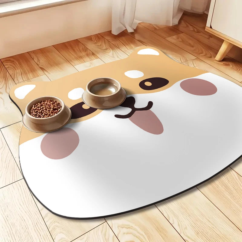 A beige and white mat shaped like a dog's face with brown and pink accents, featuring a small bowl for drinking.
