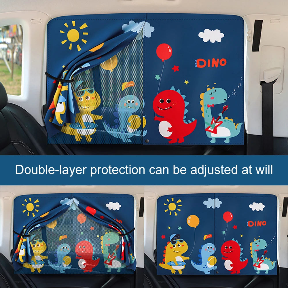 Double-layer magnetic car window shades featuring dinosaur designs and a built-in mosquito net.