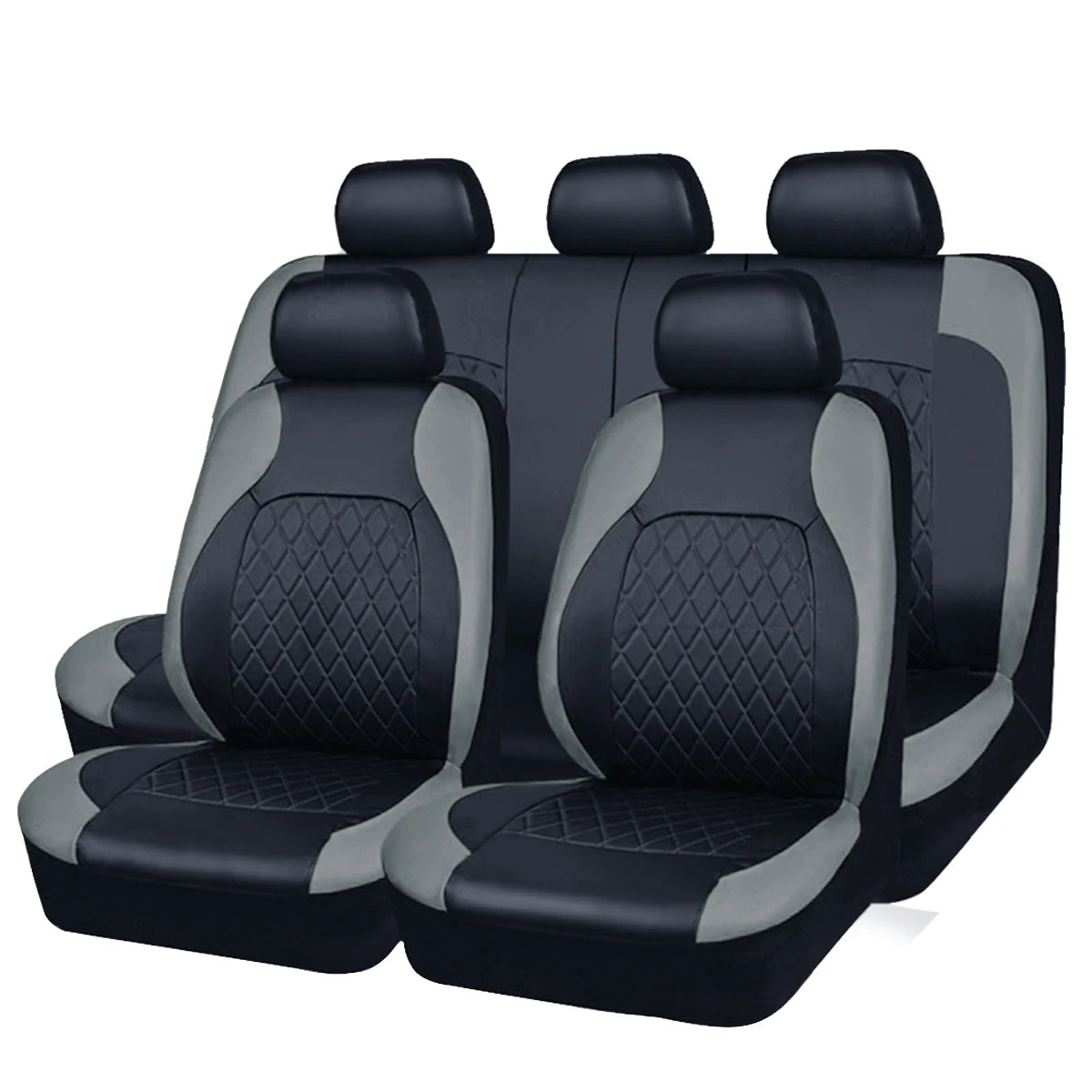 Black and gray all-season PU leather car seat covers for a front passenger seat.