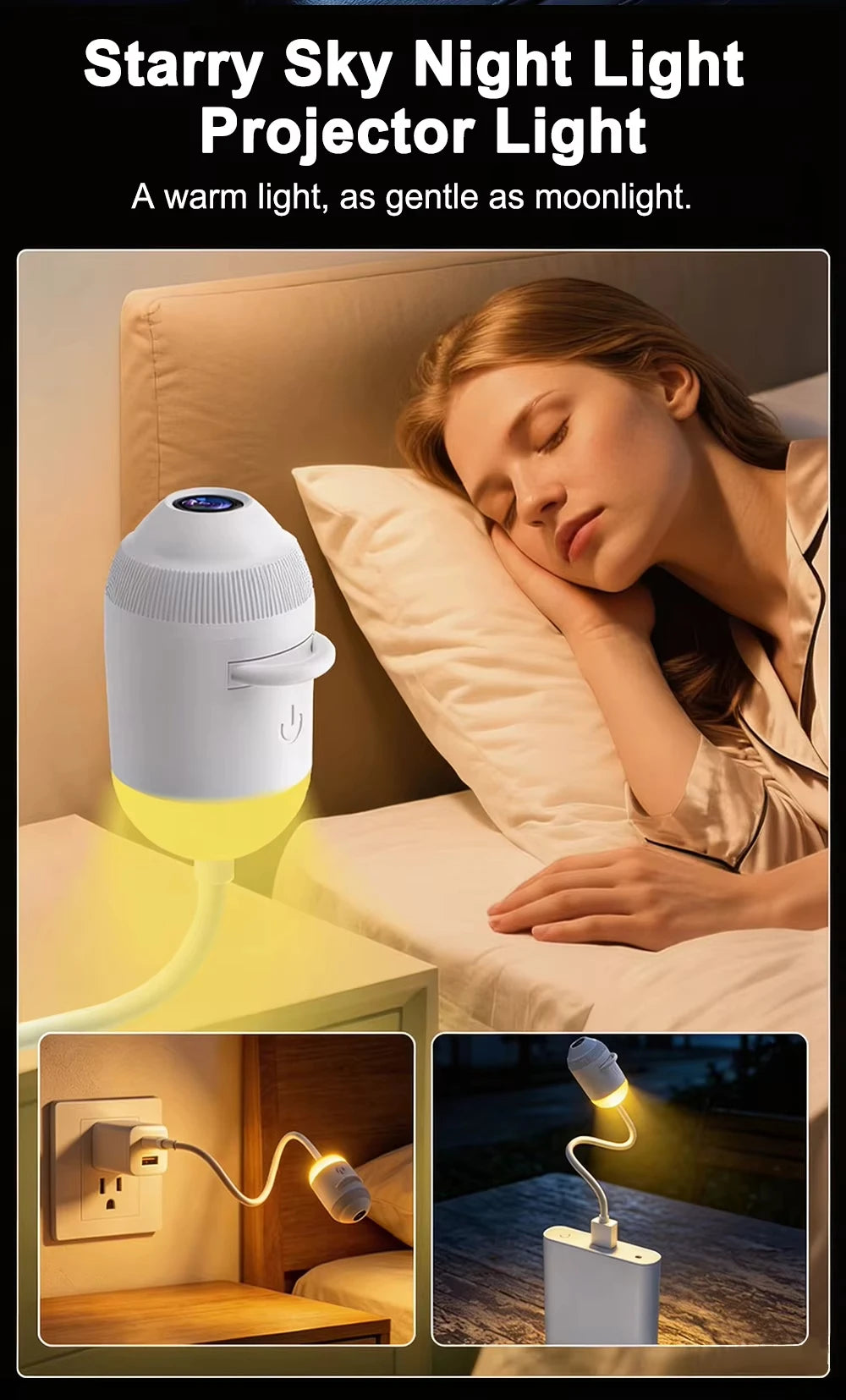 A woman rests her head while a white night light projector casts a warm yellow glow onto her face.