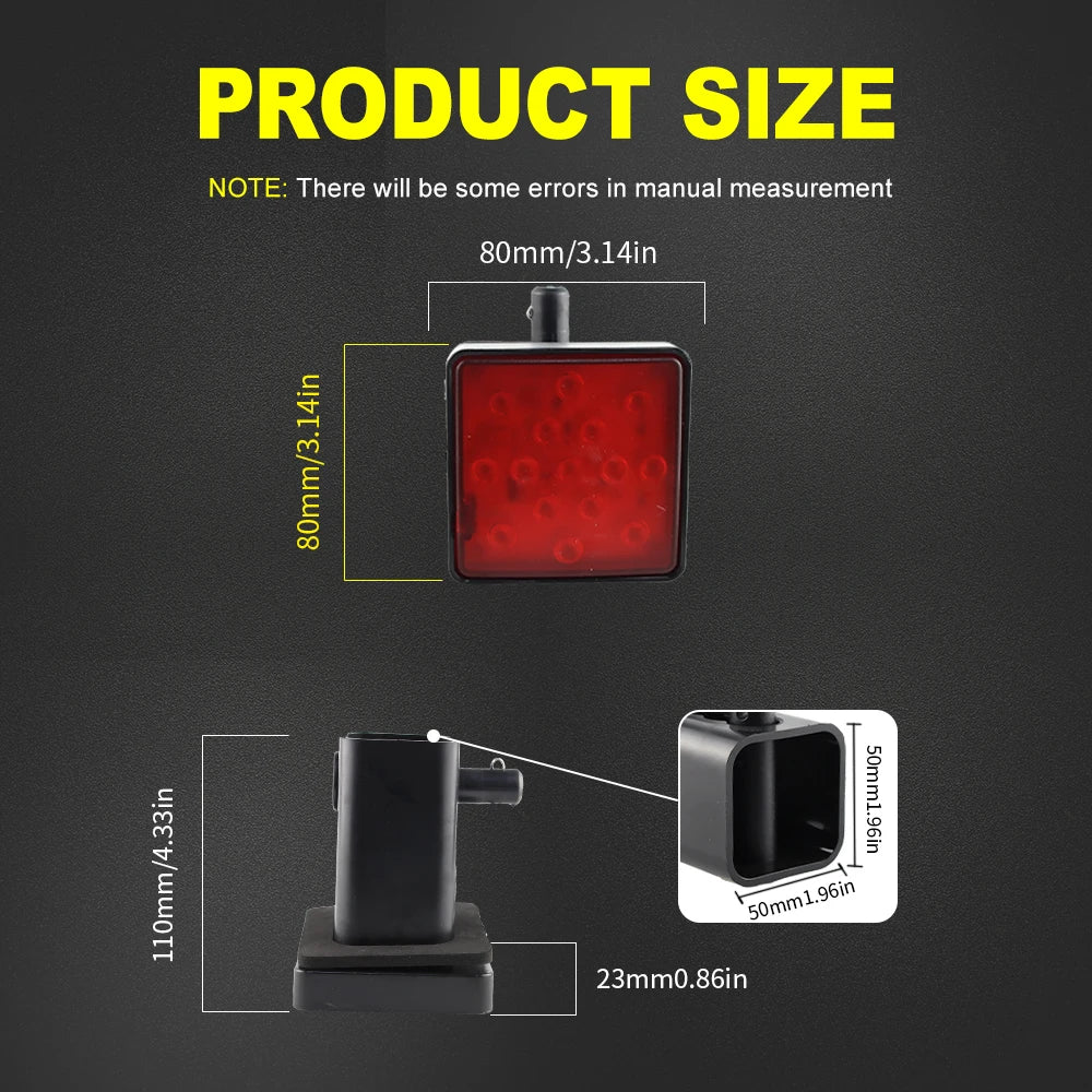 A red LED trailer hitch light cover is shown with dimensions and a separate mounting piece.
