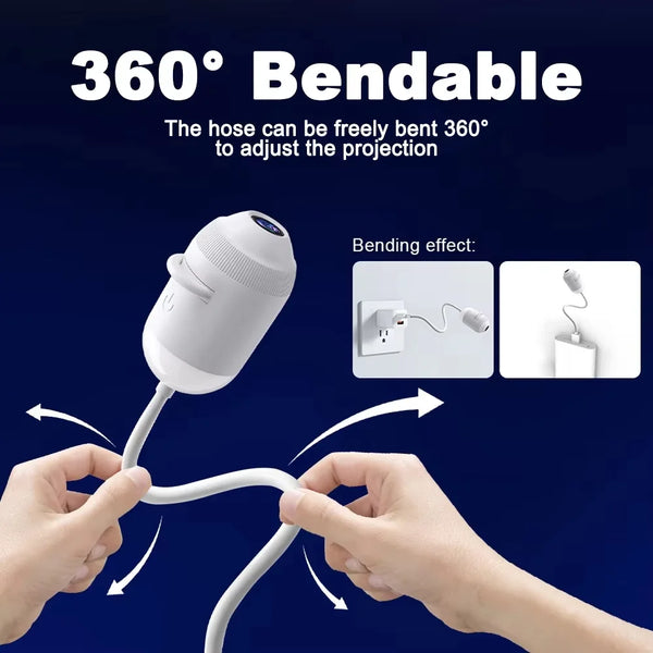 A white flexible hose projector is being bent 360 degrees by a hand to adjust the projection angle.