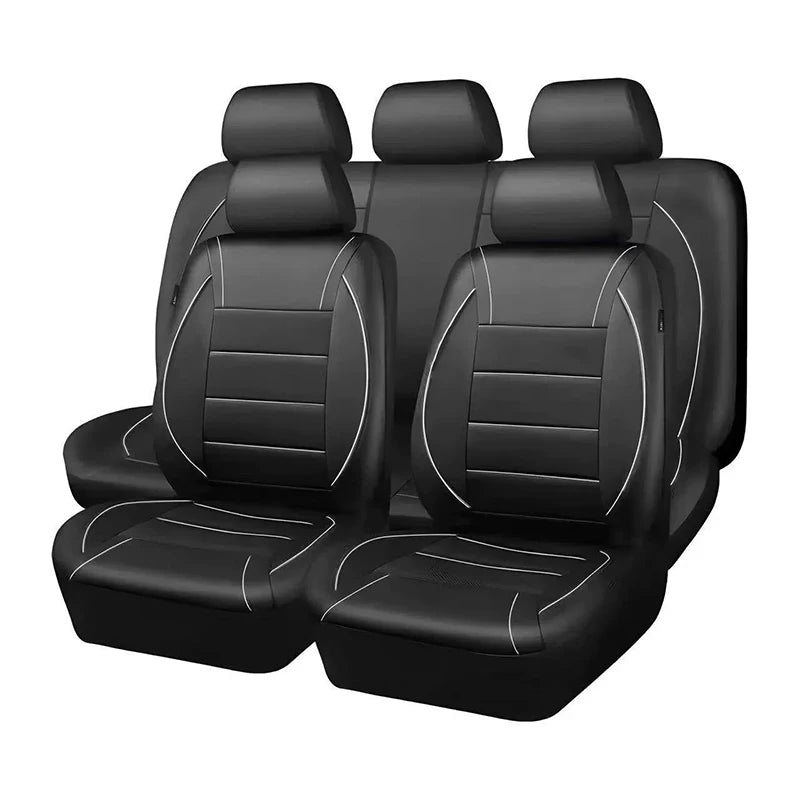 Black PU leather car seat covers for SUVs shown in a row.