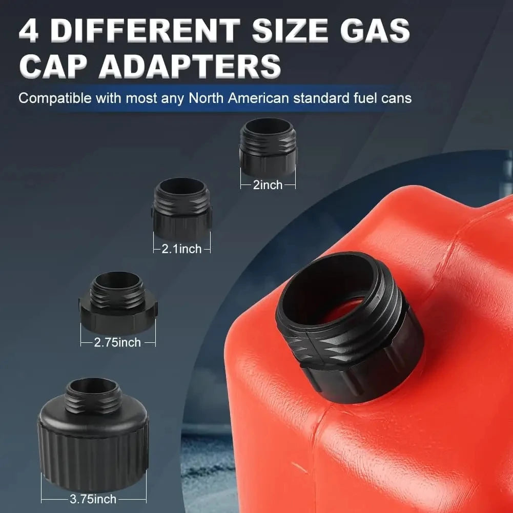 Four different size gas cap adapters for North American standard fuel cans shown with an orange fuel container.
