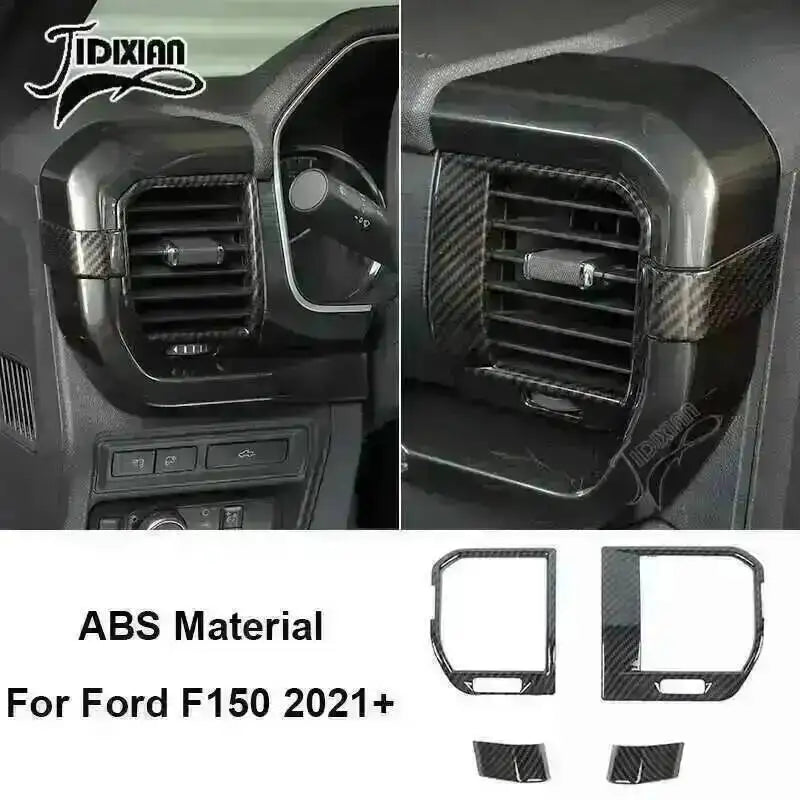 Carbon fiber grain interior trim kit for Ford F150 2021-2024 featuring black ABS material components