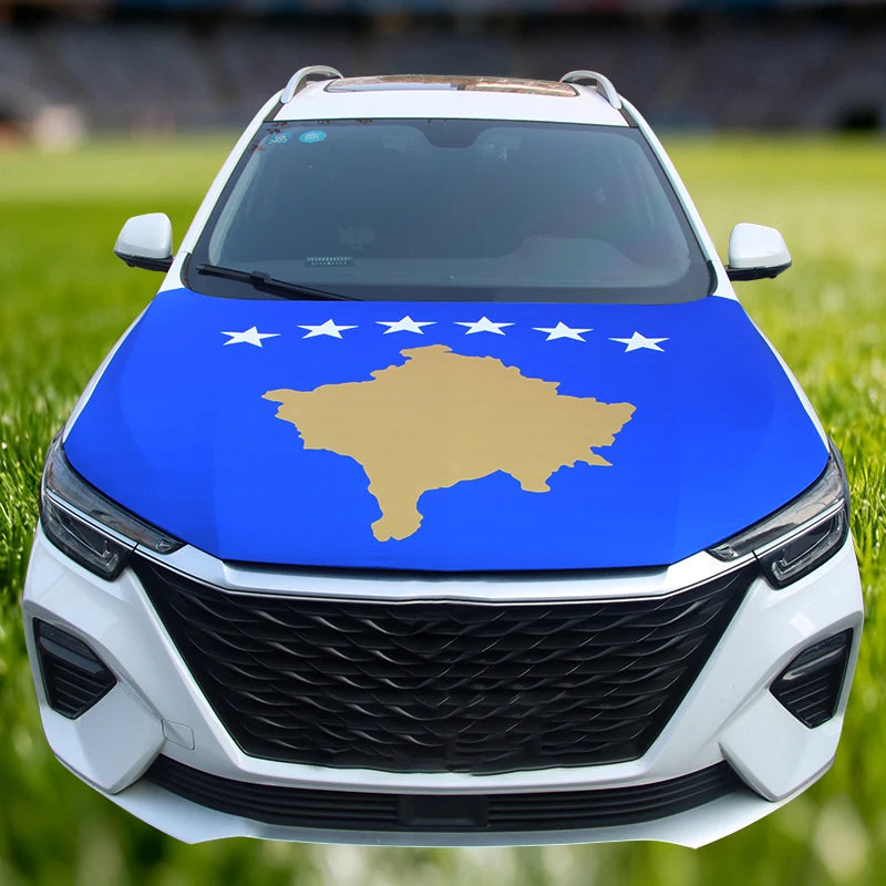 A white car hood decorated with a blue flag featuring the map outline of Bosnia and Herzegovina.