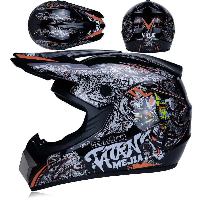 Black and gray motorcycle off-road safety helmet shown in multiple angles