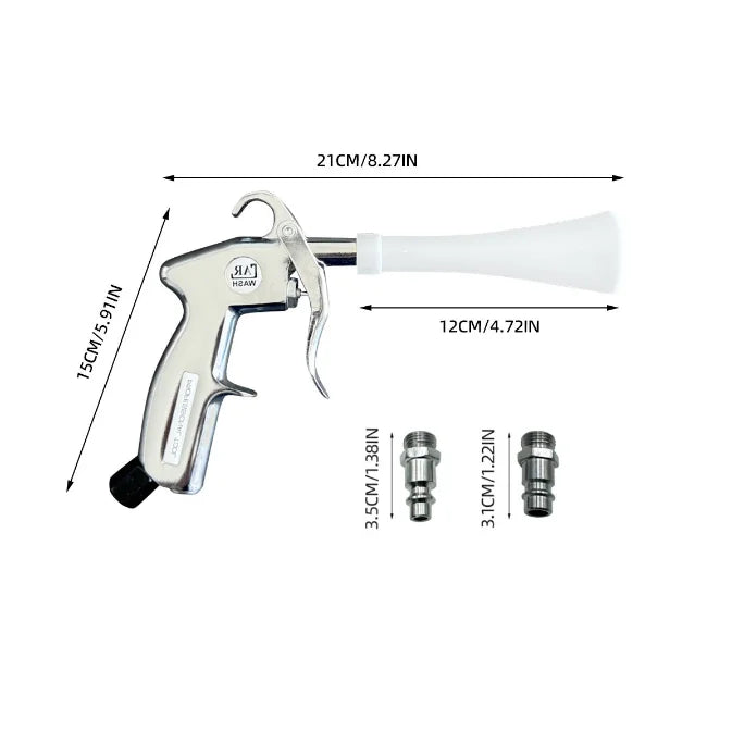 A white tornado dry cleaning gun with an adjustable brass nozzle and various size tips.