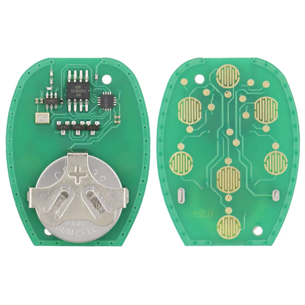 A green circuit board with a silver key mechanism and electronic components for a universal remote car key.
