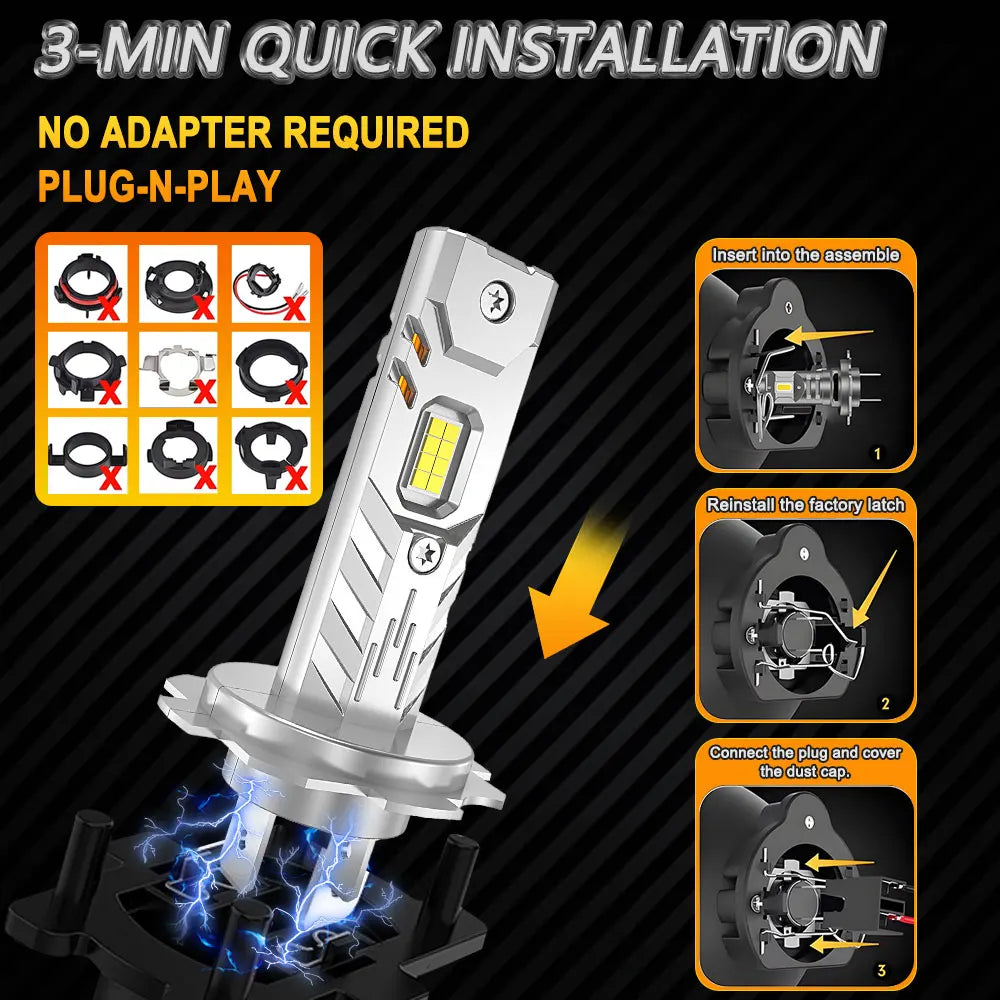 A close-up of a 3-minute plug-n-play LED headlight conversion kit being installed into a car light assembly.