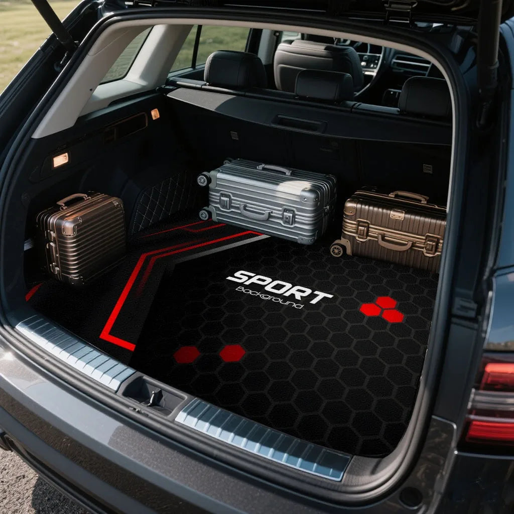 Interior view of an SUV trunk with a black floor mat and several luggage pieces.