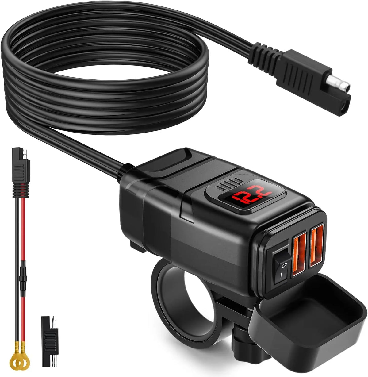 محول شاحن USB دراجة نارية أسود QC3.0 مع كابل ملفوف وموصل.