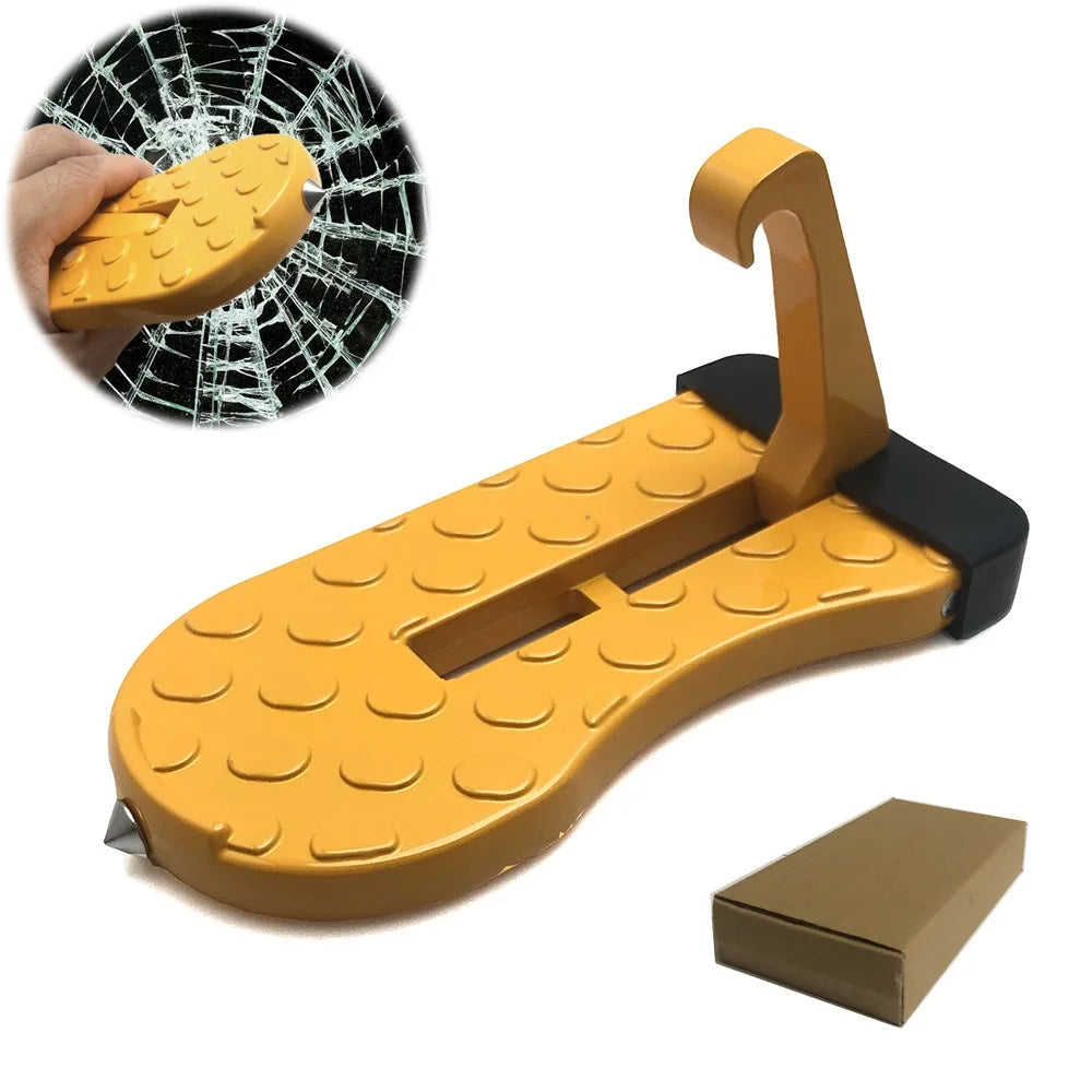 A yellow heavy-duty vehicle roof access hook is shown next to its cardboard packaging.