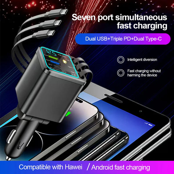 A black multi-port fast charging cable with seven ports is shown plugged into a smartphone.