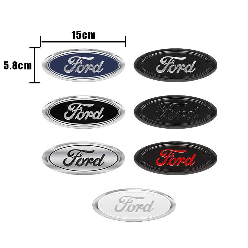 A set of five Ford front hood emblems in various finishes including chrome, black, and red.