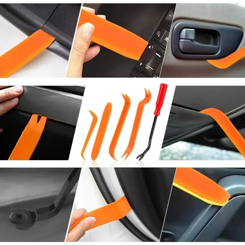 Orange automotive fastener clip set used to secure body trim components on a vehicle interior.