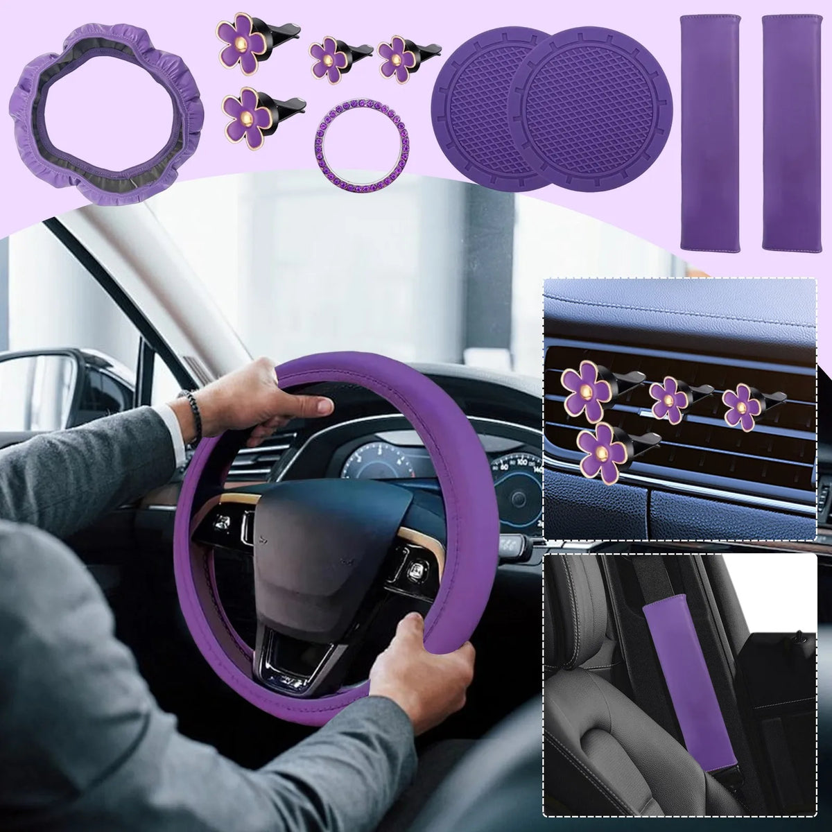 A purple car interior accessory set featuring a steering wheel cover, comfort pads, and seat covers.