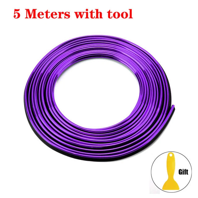 Purple universal car molding trim strips with a tool.