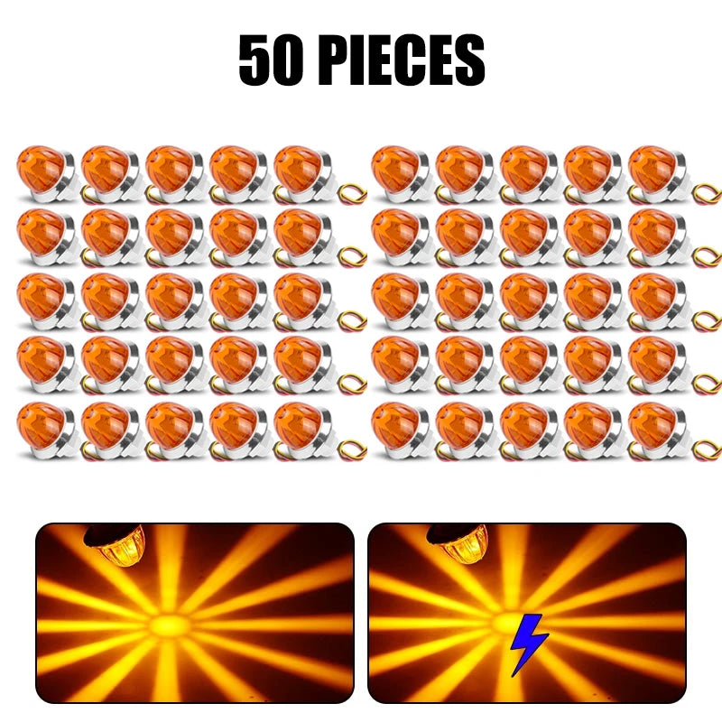 50 pieces of mini LED flashing turn signals arranged in a grid, shown alongside a close-up of the light pattern.