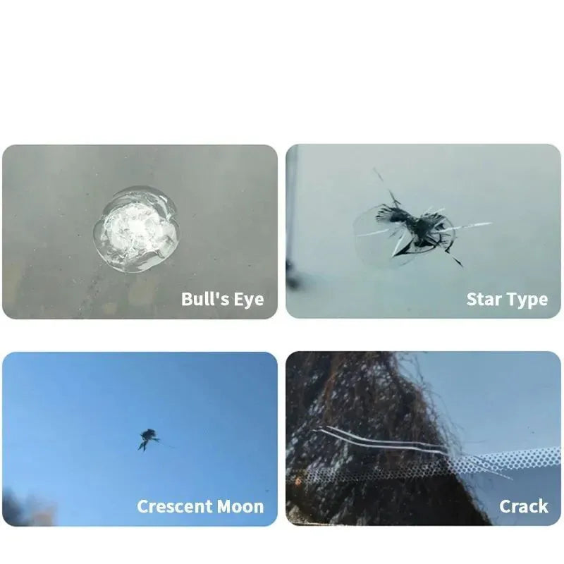 Images showing different types of windshield damage including Bull's Eye, Star Type, Crescent Moon, and Crack.