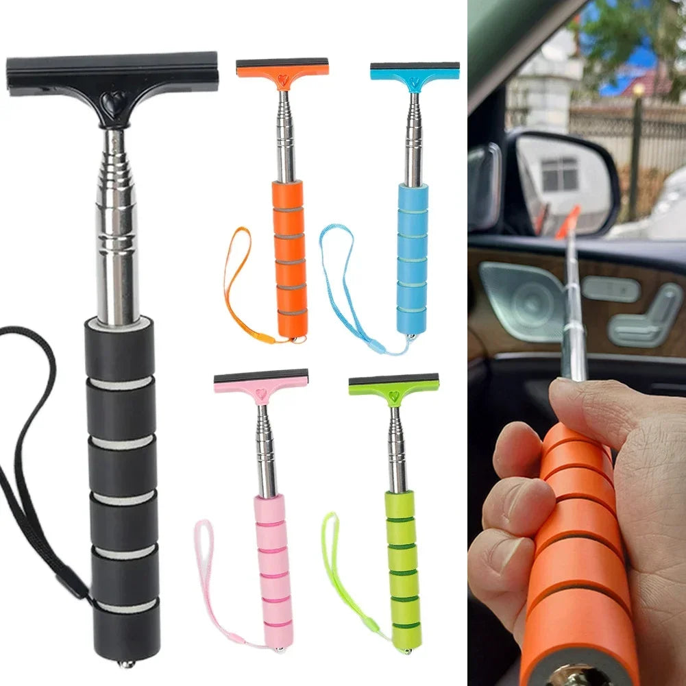 A set of telescopic window squeegees in black, orange, blue, pink, and green are shown next to a hand using one of the squeeg