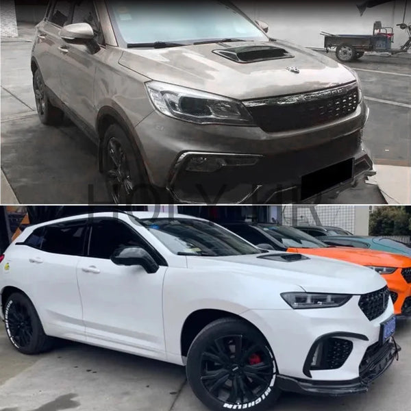 A white SUV with a black hood vent trim and custom front bumper details.