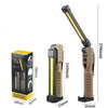 A foldable magnetic LED flashlight shown in various configurations and dimensions.