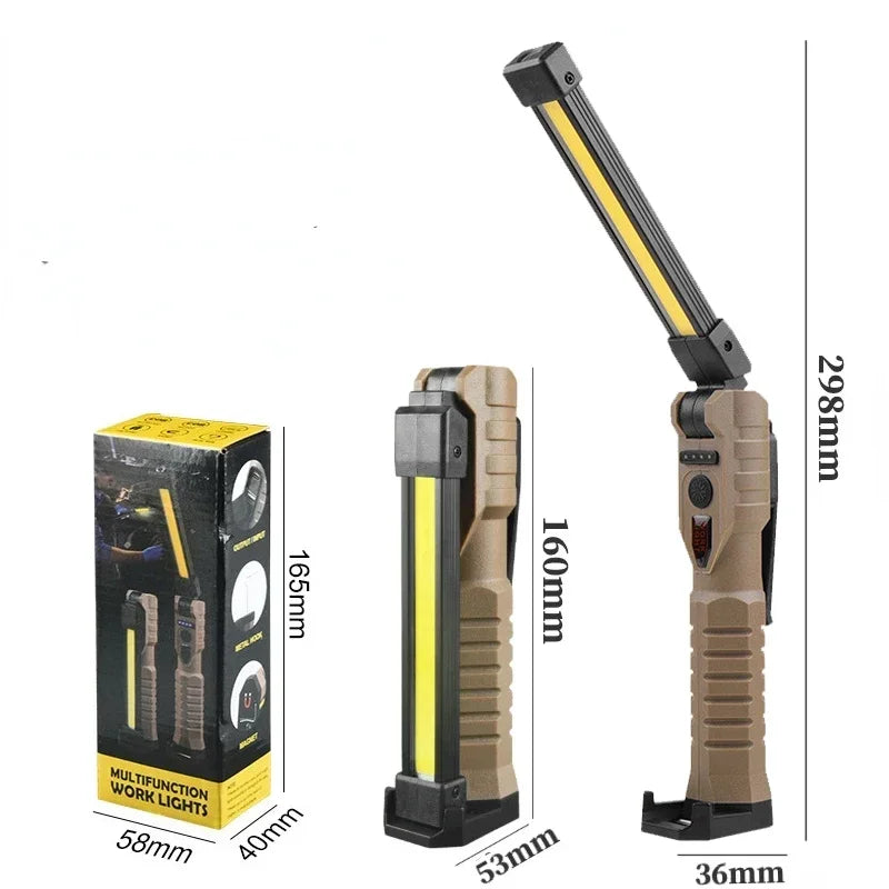A foldable magnetic LED flashlight shown in various configurations and dimensions.