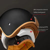 A multi-layer protective structure of a motorcycle helmet showing ABS shell, EPS buffer layer, and wrapped lining.