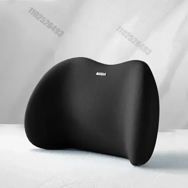 A black ergonomic memory foam neck and lumbar pillow set shown from the side.
