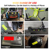 A set of reflective safety stickers and tape used for various items including a mower, drone, backpack, smartphone, and helme