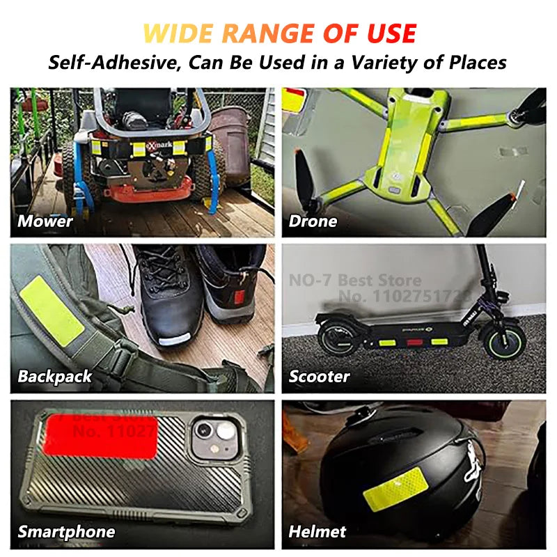 A set of reflective safety stickers and tape used for various items including a mower, drone, backpack, smartphone, and helme