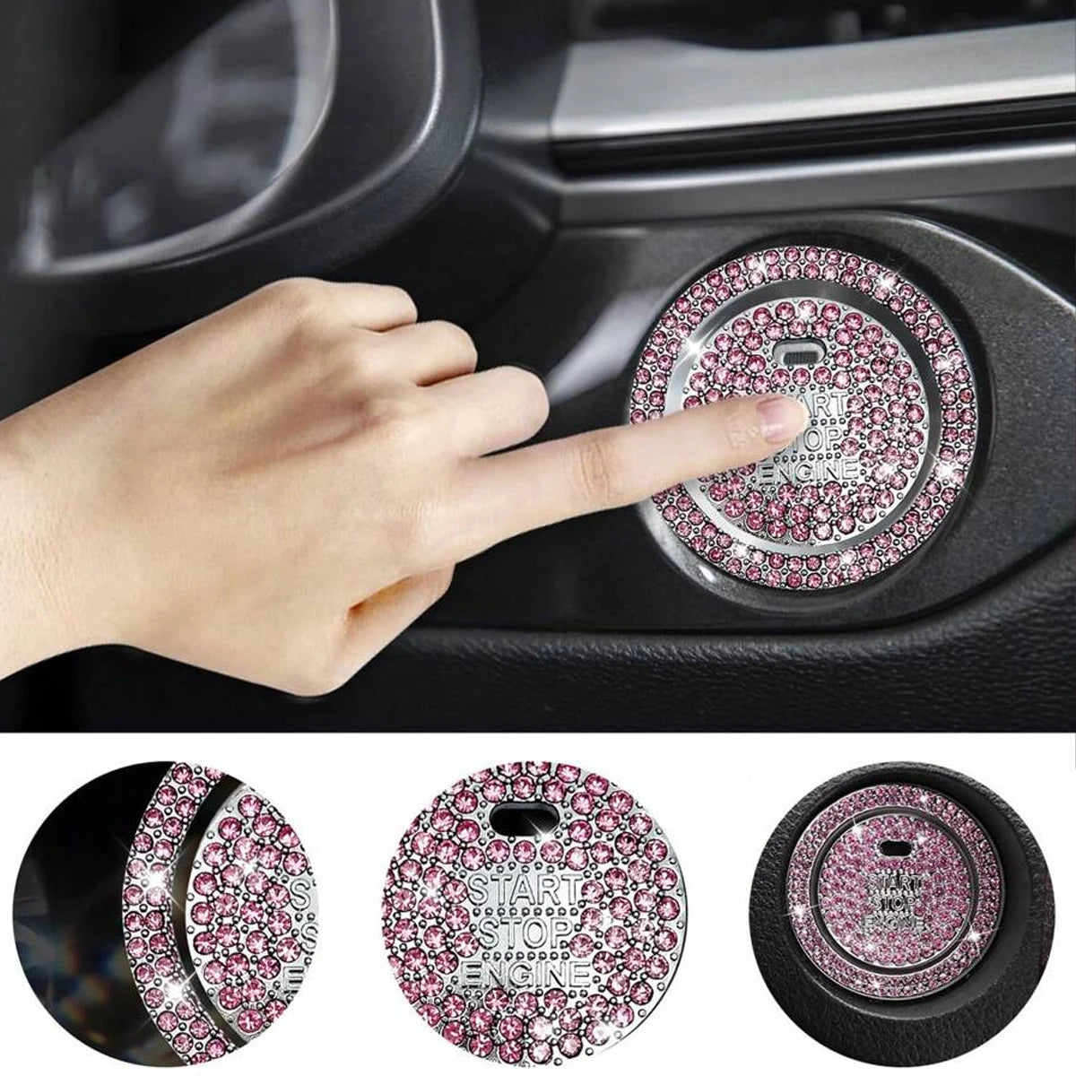 A hand is pressing a rhinestone car start button cover on a vehicle dashboard.