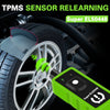 A green TPMS sensor relearning tool is shown next to a car tire, demonstrating the process for Super EL50448.