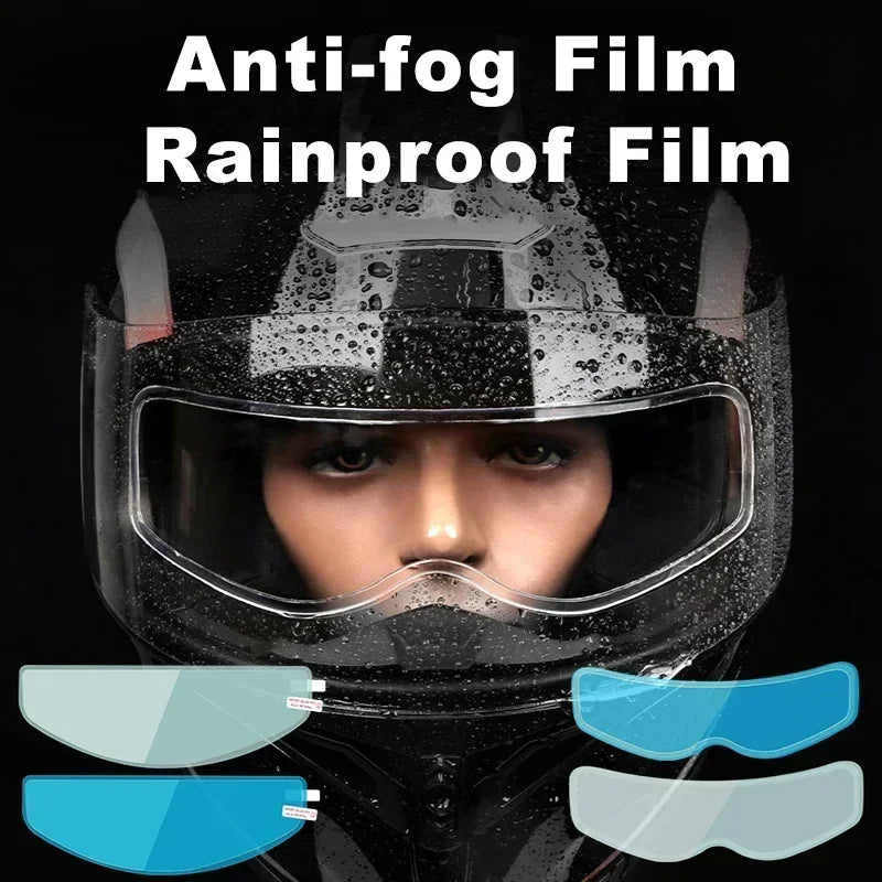 Close-up of a person wearing an anti-fog and rainproof film visor on a motorcycle helmet.