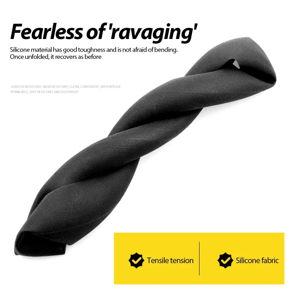 Black silicone fabric steering wheel cover twisted into a rope shape