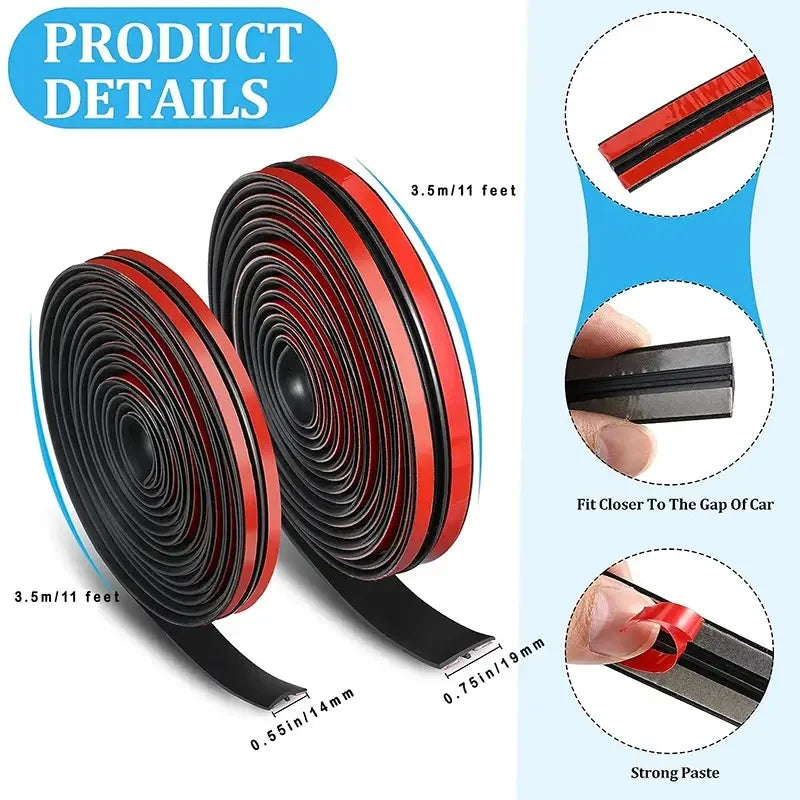 A roll of red and black rubber seal strip for car windows, showing its dimensions and application.