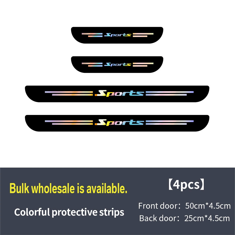 Three sets of colorful protective strips for car door sills, with text reading Sports.