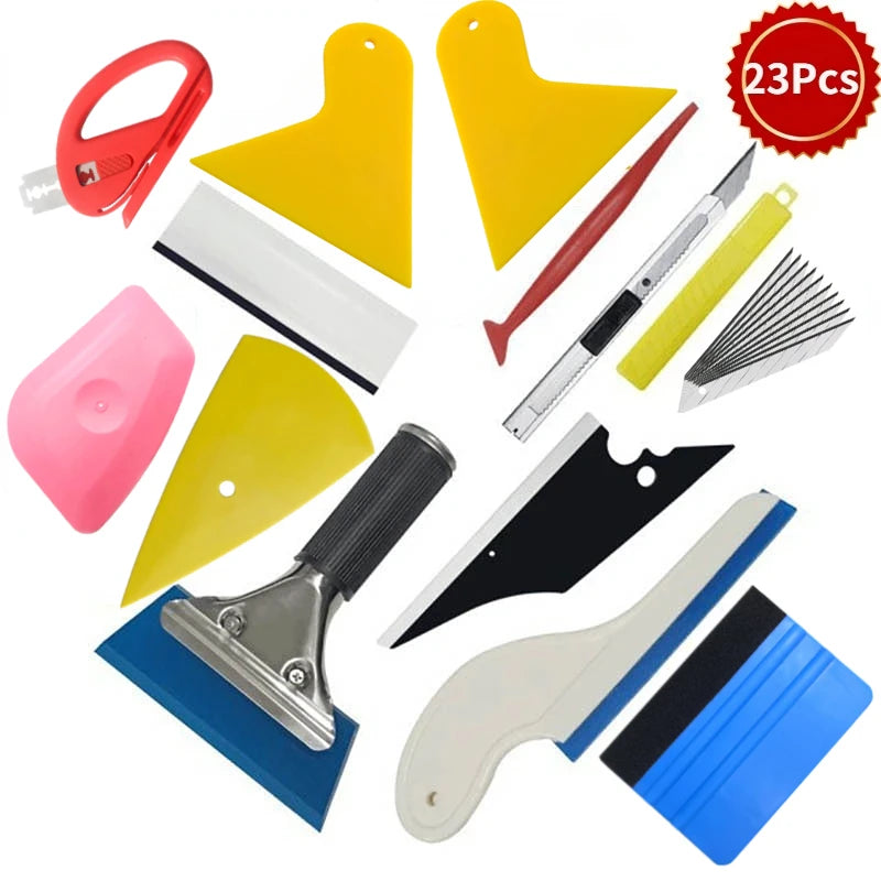 A set of 23 plastic tools for car vinyl tint film installation, including cutters and scrapers.
