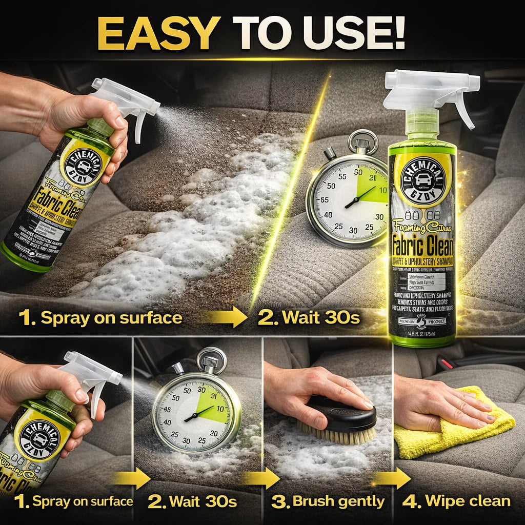 Instructions étape par étape pour utiliser le nettoyant pour tissus Citrus sur l'intérieur de voiture : pulvériser, attendre,