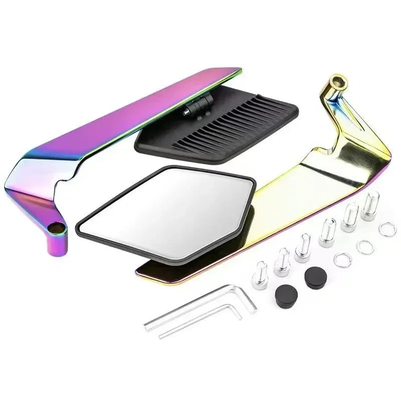 A set of adjustable motorcycle side mirrors featuring iridescent purple and blue finishes.