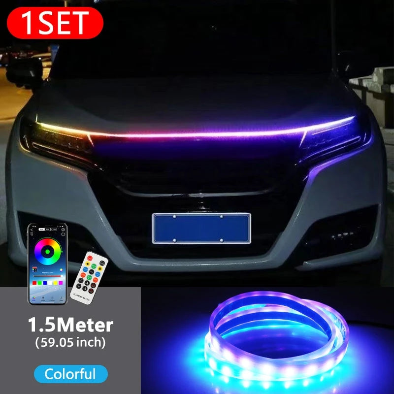 A close-up of a car hood featuring a bright purple LED light strip and a separate circular blue LED ring.