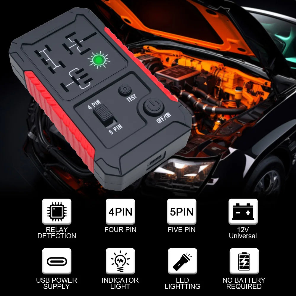 A black automotive relay tester device with 4 and 5 pin connectors shown next to various features like USB power supply and L